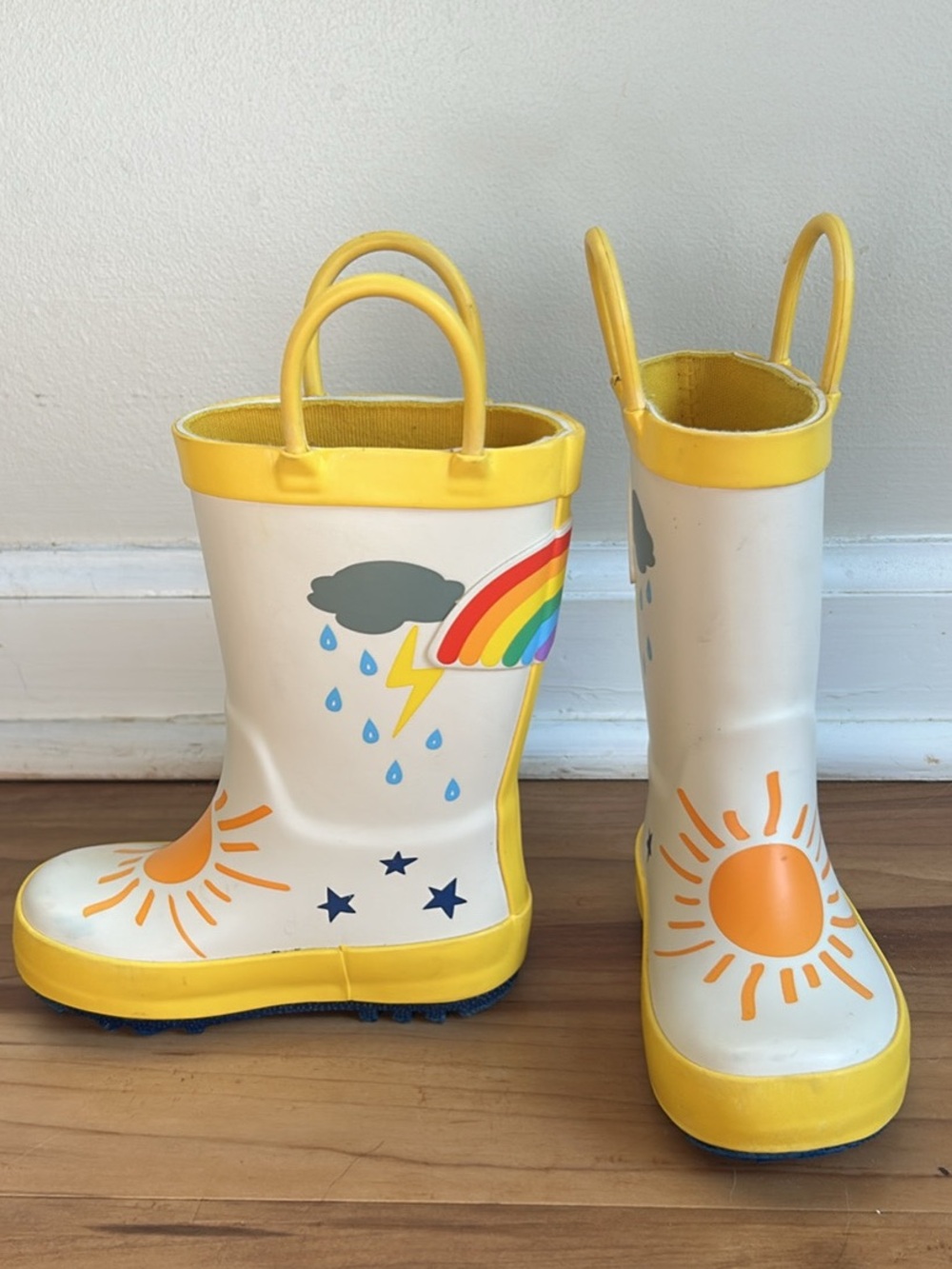 Kids Yellow Trim Rain Boots with Rainbow & Sun Design